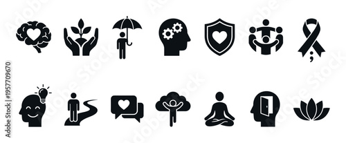 Collection of black mental health icons representing wellbeing, psychology, support, and self-care concepts like mindfulness, growth, protection, and community in a simple glyph style