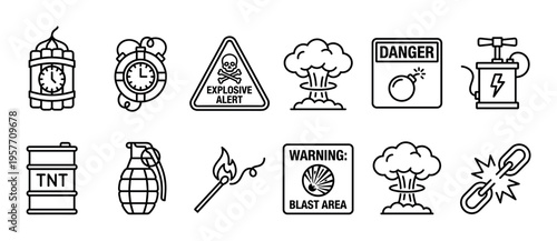 Set of black line art icons representing explosive devices and danger warnings, including dynamite with a timer, a grenade, a detonator, a mushroom cloud, and hazard signs