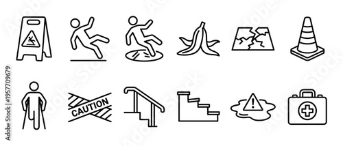 Collection of black outline safety icons depicting various hazards like slipping, falling, wet floors, and injuries, including symbols for caution, first aid, and prevention