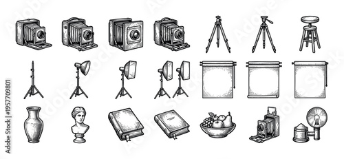 Comprehensive collection of vintage photography studio equipment and classic still life props are intricately depicted in a detailed black and white engraving style