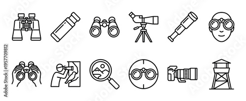 Collection of observation and birdwatching icons featuring binoculars, a telescope, a magnifying glass, and a camera, all rendered in a clean, minimalist line art style