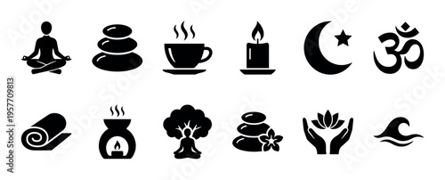 Set of black glyph icons for yoga, meditation, and spa concepts, including a lotus pose, zen stones, an om symbol, a candle, and an aroma diffuser for relaxation and spirituality