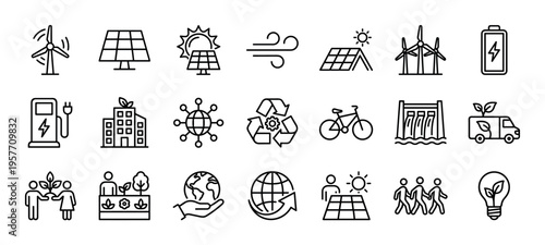 Set of black thin line art icons representing renewable energy, sustainability, and environmental care, featuring symbols for solar panels, wind turbines, recycling, and green living