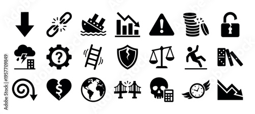 Collection of black silhouette glyph icons depicting concepts of failure, crisis, risk, and disaster, with symbols for financial loss, business decline, and personal problems