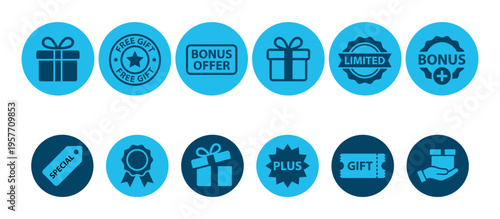 Collection of blue promotional gift icons for e-commerce, including bonus offer, special, limited, and free gift badges for marketing and retail sales campaigns