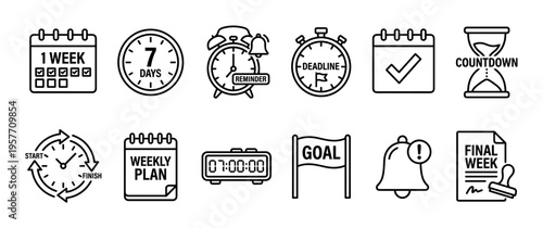 Set of black line icons for time management and business planning, including a calendar, clock, stopwatch, reminder, goal flag, and weekly plan symbols in a minimalist graphic style