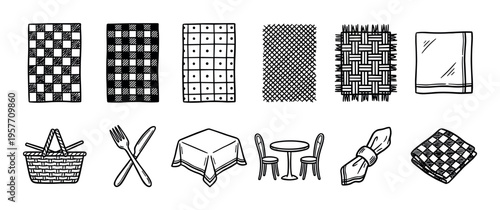Collection of hand-drawn picnic and dining icons including a basket, cutlery, tablecloths, and napkins in a simple black and white doodle sketch illustration style