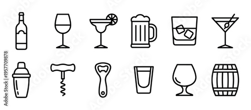 Set of black line icons representing alcoholic drinks and barware including wine, beer, cocktails, and tools like a shaker and corkscrew, presented in a minimalist vector style