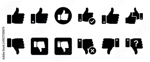 Black thumbs up and thumbs down icons set for social media feedback and customer rating, featuring various simple glyphs for like, dislike, approval, and disapproval concepts
