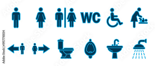 Blue public restroom and toilet icon set with symbols for male, female, disabled access, baby changing station, urinal, sink, and shower for wayfinding