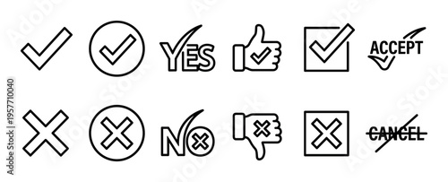 Collection of black line art icons representing yes and no concepts for user interface design, including checkmarks, crosses, thumbs up, thumbs down, and accept or cancel text