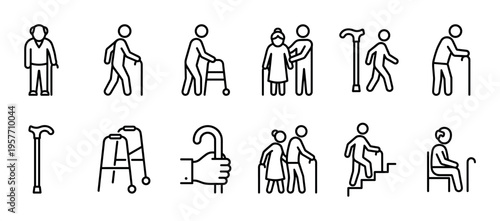 Set of black line icons depicting elderly people with mobility aids like canes and walkers, illustrating concepts of aging, senior care, and retirement in a minimalist style