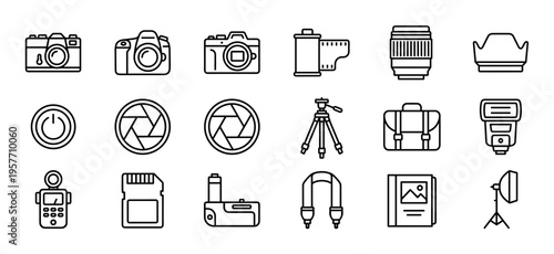 Comprehensive collection of photography related line icons, depicting various camera equipment and accessories in a clean, modern outline style