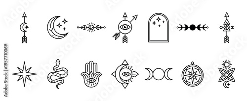 Set of black line art esoteric symbols featuring a crescent moon, all-seeing eye, hamsa hand, snake, and sun in a minimalist boho style for spiritual and magical concepts