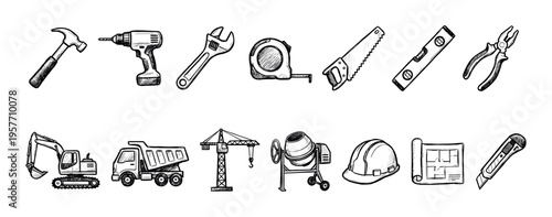 Collection of hand-drawn construction tools and heavy machinery icons in a black and white sketch style, including a hammer, drill, truck, and crane for building and repair projects