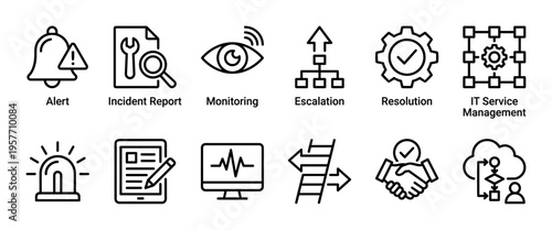 Set of black line icons for IT service management illustrates concepts like alert, incident report, monitoring, escalation, resolution, and technical support workflow in a minimalist style