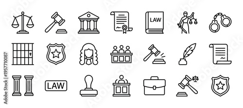Large set of law and justice line icons featuring a gavel, scales, courthouse, and handcuffs in a clean, minimalist black outline style for legal and judicial concepts
