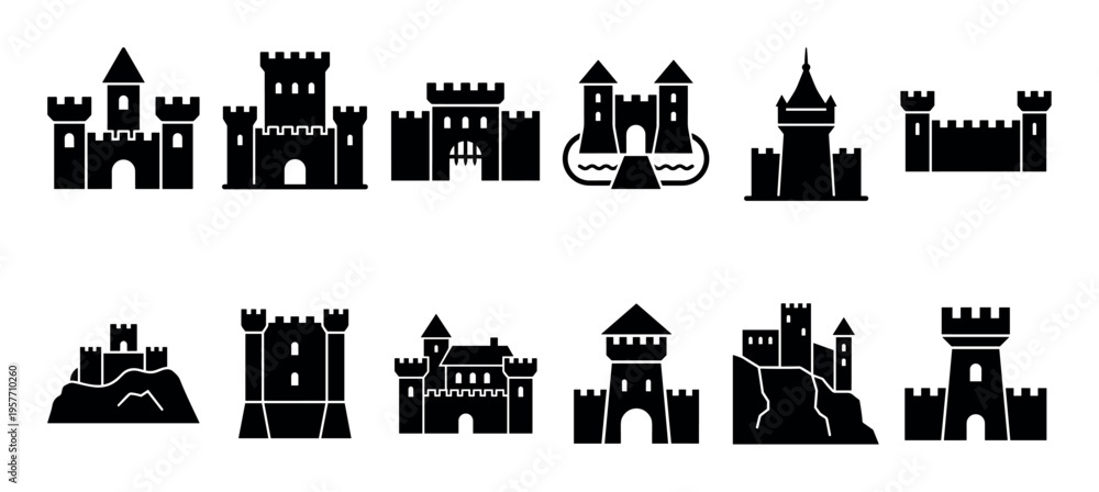 Fototapeta premium Collection of twelve black castle silhouette icons showing various medieval fortress and palace designs with towers, gates, and battlements in a simple flat graphic style