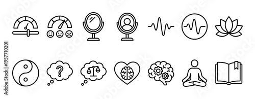 Set of black line icons representing mental health, psychology, and self-awareness concepts, including symbols for meditation, balance, thinking, emotion, and self-reflection