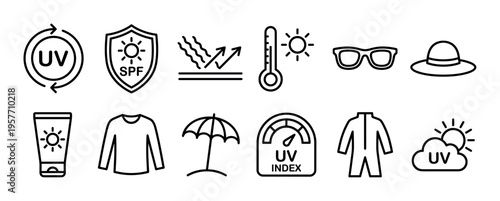 Set of black line icons for sun protection and UV radiation safety, including sunscreen, hat, sunglasses, and SPF shield symbols for summer skincare and health concepts