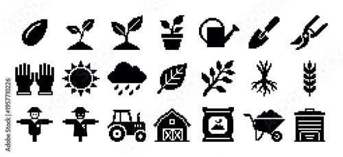 Collection of black pixel art icons representing farming and agriculture, featuring a tractor, barn, sprout, gardening tools, weather symbols, and a scarecrow in a retro 8-bit style