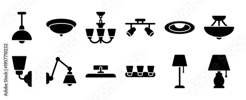Set of black silhouette lamp and light icons representing various home illumination fixtures like chandeliers, pendants, sconces, spotlights, and table lamps for interior design