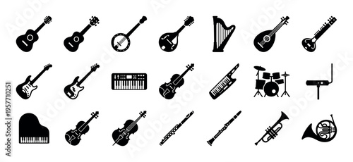 Diverse set of musical instrument silhouettes featuring string, wind, percussion, and keyboard instruments like guitar, piano, trumpet, and violin in a clean graphic icon style