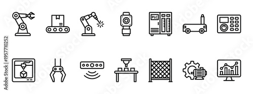 Industrial automation and robotics line icon set featuring a robotic arm, conveyor belt, PLC controller, 3D printer, and other manufacturing equipment symbols for technology concepts