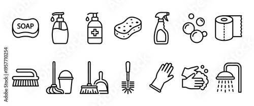 Set of black line icons representing cleaning and hygiene with various household items like soap, sanitizer, sponge, spray bottle, mop, broom, gloves, and toilet paper
