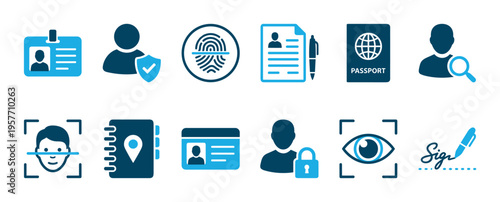 Set of blue personal identification icons representing verification, security, and biometrics, including passport, fingerprint, face scan, and signature for user authentication concepts