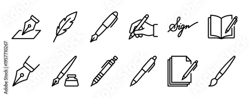 Set of black line icons for writing, signing, and calligraphy, featuring various pens, quills, signatures, and documents in a minimalist vector style for graphic design