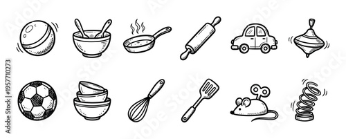 Collection of hand-drawn doodle icons featuring children's toys and kitchen utensils in a simple black and white sketch style, including a car, ball, pan, and whisk illustration set