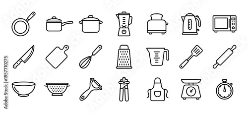 Large set of black kitchen and cooking icons featuring various utensils, tools, and appliances in a clean, minimalist line art style for culinary or food-related concepts