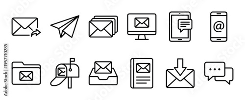 Mail and communication thin line icon set representing email, messages, letters, and digital correspondence in a simple, modern, and minimalist vector graphic style