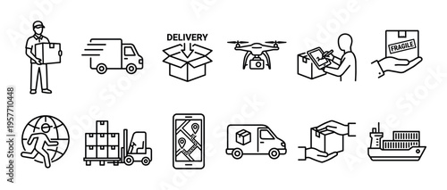 Set of black line art icons representing delivery, shipping, and logistics services, including a courier, truck, drone, forklift, and cargo ship for e-commerce and global trade concepts
