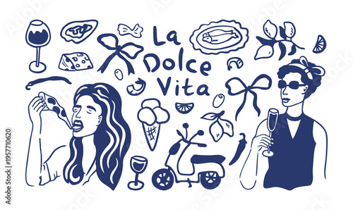 Girls Italian summer with mediterranean food and drink. Vacation in Italy. Hand drawn Organic Style