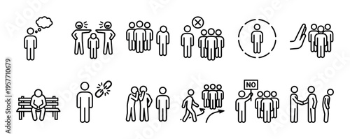 Black outline icon set illustrating social issues like loneliness, exclusion, bullying, and conflict with simple pictograms for psychological concepts