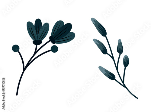Minimal dark botanical elements with leaves and buds, simple flat vector set of modern floral branches, elegant nature illustration isolated on white background