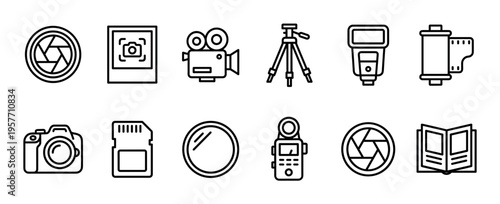 Set of black line art icons representing photography and videography equipment, including a camera, lens, tripod, flash, and film, presented in a clean minimalist style for graphic design
