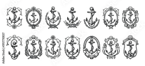 Collection of vintage hand-drawn anchor illustrations, intricately detailed with ropes, chains, dolphins, compasses, seashells, and mermaids, evoking a classic maritime and nautical aesthetic