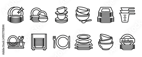 Set of kitchenware and dishwashing icons in a simple black outline style, featuring stacked plates, bowls, cups, cutlery, a dishwasher, and a dish rack for graphic design