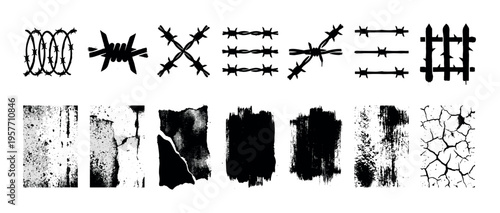 Black and white collection of barbed wire silhouettes and abstract grunge textures for design, including various fence elements, cracked surfaces, and distressed brush strokes