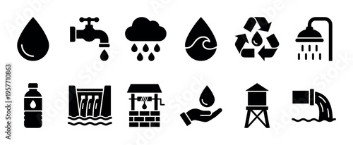 Set of black water-related glyph icons showing conservation, usage, and sources like faucets, rain, wells, and dams, presented in a clean, minimalist vector style
