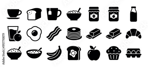 Collection of black breakfast food icons representing a variety of morning meal items in a simple glyph style, including coffee, eggs, bacon, pancakes, and fruit