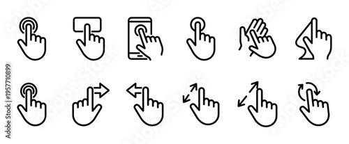 Touch screen hand gesture icons set showing various finger movements for mobile device interaction, including tap, swipe, pinch, zoom, and rotate in a simple black line art style