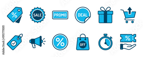 Collection of blue and black line icons representing shopping, sales, and discounts, including a price tag, gift, cart, and coupon for e-commerce and retail promotions