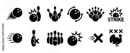 Black bowling sport icons and symbols collection showing game elements like a rolling ball, pins, strike, spare, 7-10 split, and a turkey, presented in a clean minimalist glyph style