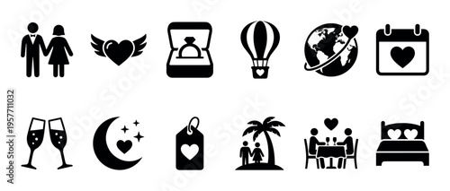 Collection of black glyph icons representing love, marriage, and honeymoon concepts, including a couple, engagement ring, world travel, romantic dinner, and champagne