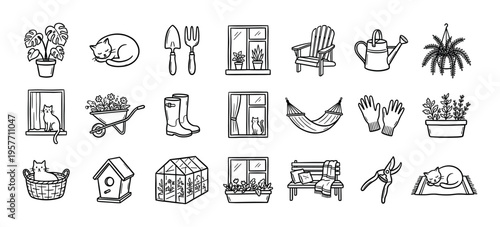 Large set of hand-drawn doodle icons featuring cozy home and gardening elements, including cute cats, potted plants, garden tools, a greenhouse, and outdoor furniture