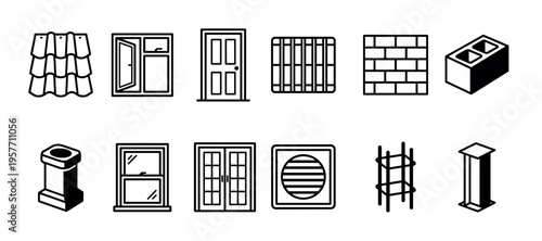 Construction and building materials line icon set featuring roof tiles, windows, doors, bricks, concrete block, chimney, rebar, and a steel beam in a simple graphic style